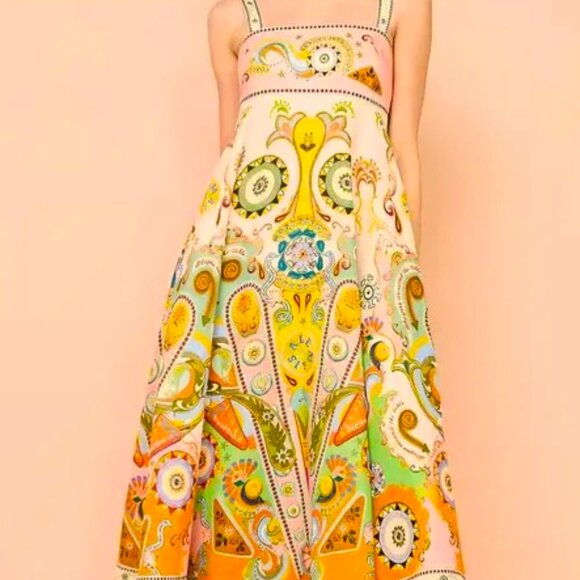 AVANT GARD Multi Color linen PAISLEY PRINT MIDI DRESS M BOAT NECK TIE BACK - Picture 1 of 7